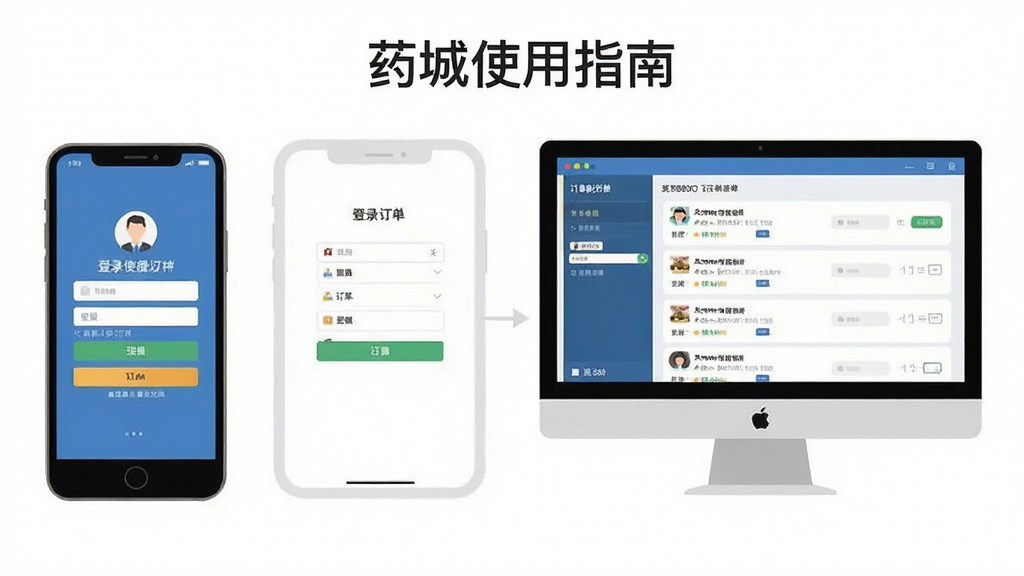 1药城使用指南插图,主体为手机与电脑同步操作示意图,布局左右对称,排版直观,风格扁平化,细节包括登录界面与订单列表,画质干净,无多余元素