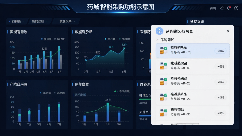 1药城智能采购功能示意图,主体为数据看板与采购建议弹窗,布局分栏展示,排版专业,风格科技感,细节包括图表与推荐药品列表,画质清晰,干净,无多余元素