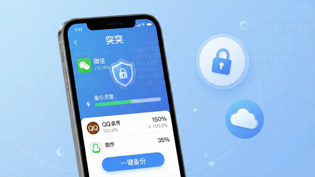 主体:手机屏幕展示“突突”软件界面,背景为柔和渐变蓝色,界面中央显示聊天记录备份进度条与“数据安全”盾牌图标。布局:手机位于画面中心偏左,右侧悬浮圆形加密锁与云朵图标,底部有“一键备份”按钮。排版:简洁清晰,图标与文字间距合理,突出“突突”字样。风格:现代科技感,扁平化设计,明亮通透。细节:屏幕内列表显示微信、QQ图标及备份百分比,背景有细微的二进制数字流水效果。画质:高清渲染,干净整洁,无多余元素。