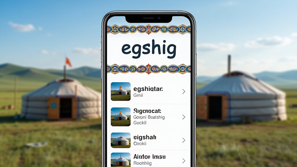 画面主体为一部亮屏的智能手机,屏幕正中央显示App界面,界面顶部有“egshig”字样与蒙古文装饰图案,下方列出几首蒙古语歌曲名与歌手名。整体布局以手机为中心,背景为虚化的草原风光与蒙古包剪影。排版采用正面平视构图,手机竖立居中。风格写实且色彩明亮,细节上屏幕内的文字需清晰可辨,画质高清,干净无多余元素。