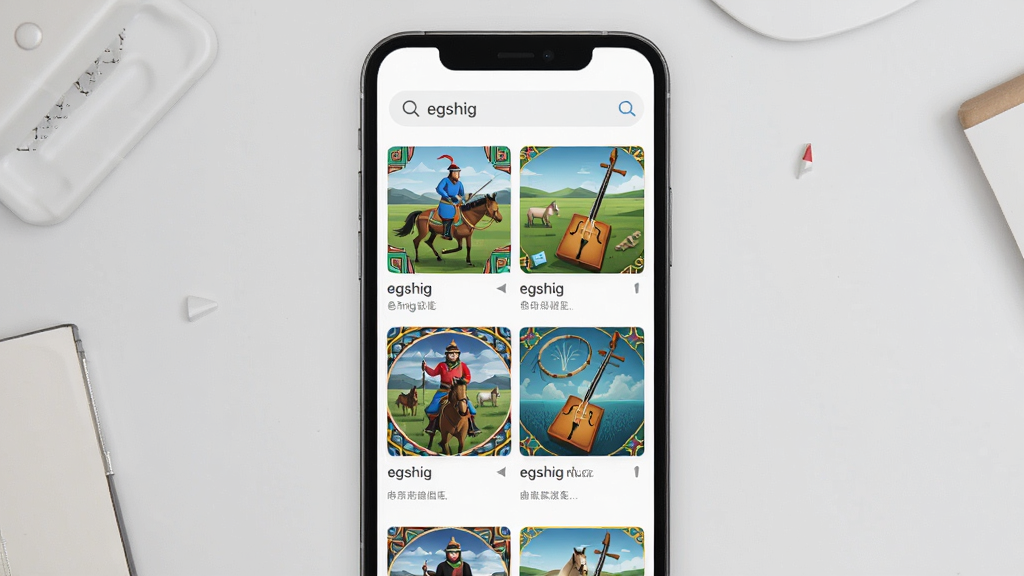 画面主体为Egshig音乐App的曲库浏览界面截图,屏幕内展示多张蒙古风格专辑封面网格,封面包含骑手、草原、马头琴等元素,界面顶部搜索栏有“egshig”字样。布局为手机竖屏界面居中展示,背景为浅灰色桌面。风格扁平清新,细节突出封面图纹与文字清晰,画质干净无多余元素。