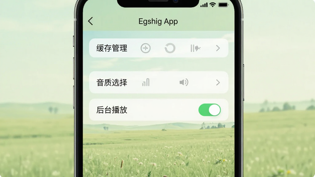 画面主体为Egshig App的设置界面,屏幕中显示“缓存管理”、“音质选择”、“后台播放”等选项,其中“后台播放”开关为开启状态,背景为淡绿色草原风光。整体为手机竖屏界面截图居中,排版清晰,风格简洁明亮,细节文字可读,画质干净无多余元素。