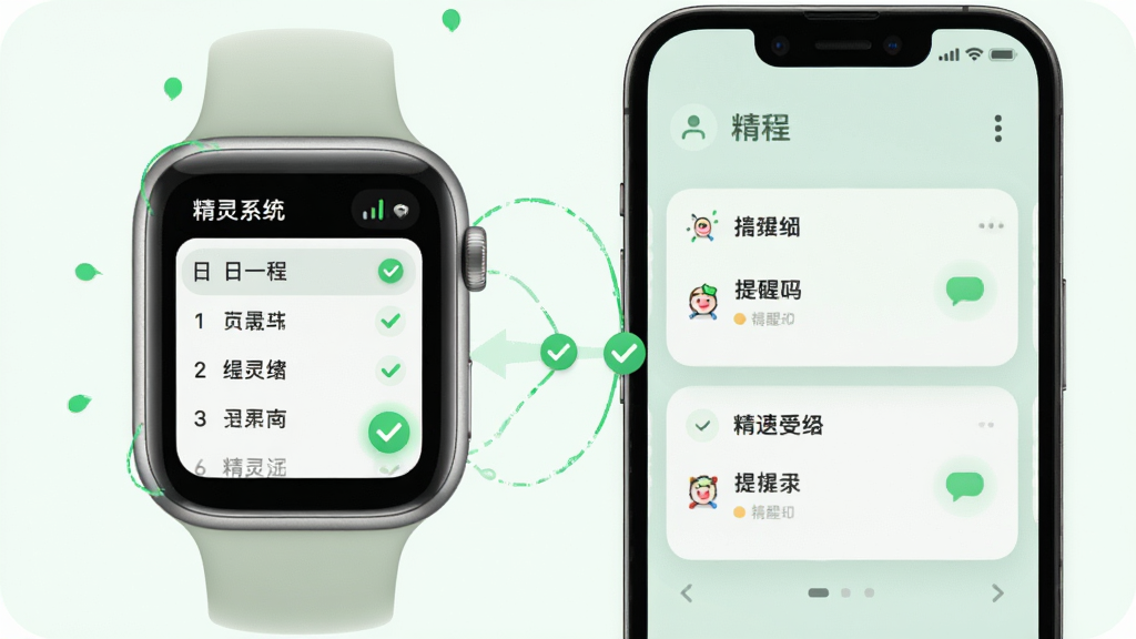 一张精灵系统个人助理功能示意图,主体为智能手表与手机连接,屏幕显示日程列表与提醒卡片,布局上下结构,风格清新淡雅,带有绿色勾选动画元素,文字“精灵系统”出现在手表屏幕,画质清晰,无多余元素。