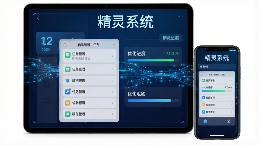 一张精灵系统软件功能展示图,主体为平板电脑与手机并排,屏幕中显示任务管理列表与优化进度条,布局左右对称,风格科技感,带有蓝色数据流动线条,文字“精灵系统”置于屏幕上方,画质清晰,专业且无多余杂物。