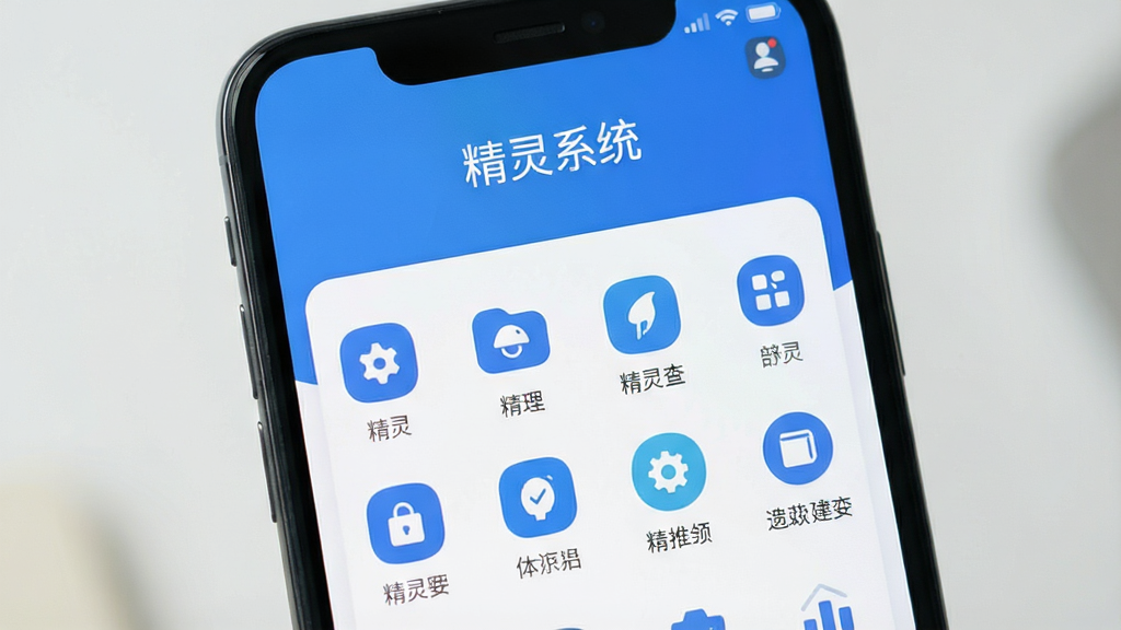 一张展示精灵系统软件主界面的高清截图,主体为手机屏幕中的软件界面,布局清晰,上方显示“精灵系统”字样,下方为功能图标排列,风格简约现代,色彩以蓝色和白色为主,光线柔和,画质细腻,干净无多余元素。