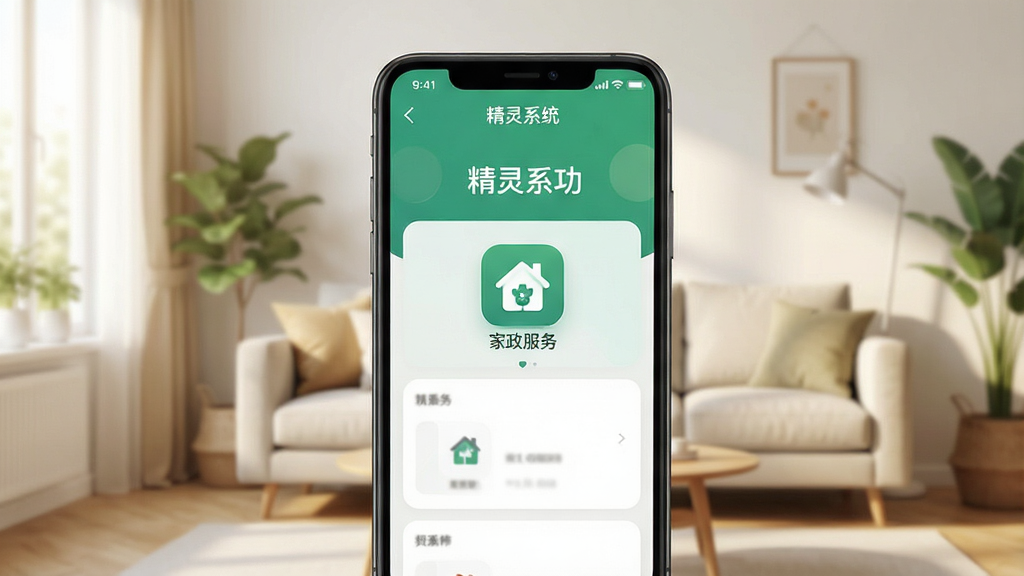 一张精灵系统家政服务界面预览图,主体为手机屏幕显示预约成功页面,背景为整洁明亮的客厅,界面中突出“家政服务”分类图标,布局居中,风格温馨真实,光线自然,文字“精灵系统”在屏幕顶部,画质干净,无杂乱元素。