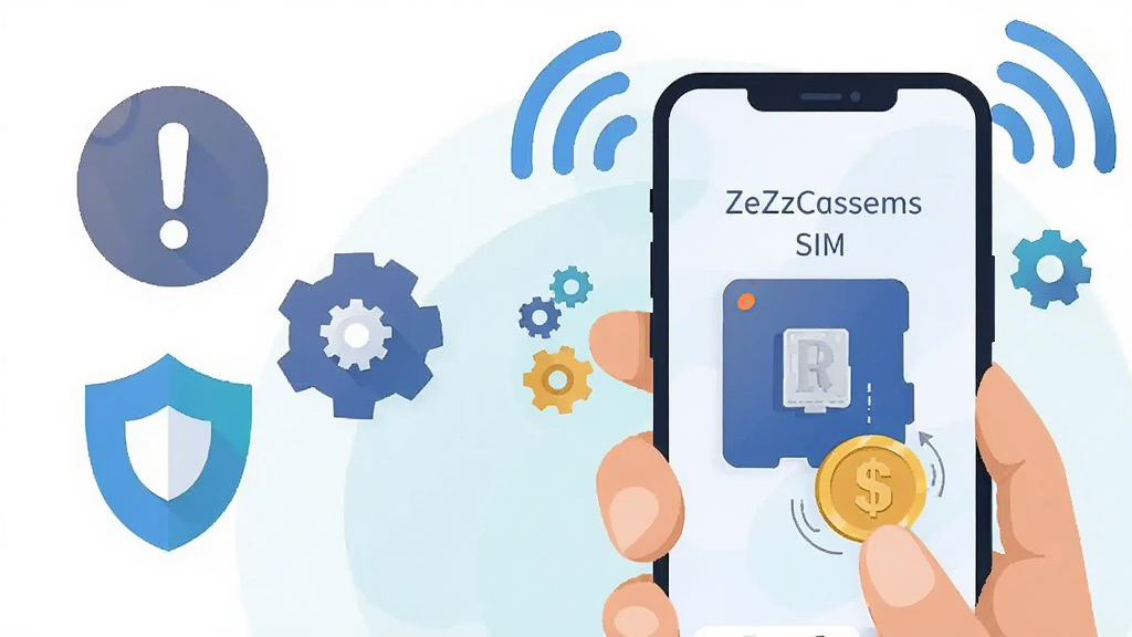 主体为一名用户手持手机操作ZeZzCapsems SIM,屏幕显示驱动器与硬币,手机周围环绕着无线信号图标与齿轮。布局为右侧手机特写,左侧为悬浮的常见问题图标(感叹号、齿轮、盾牌)。风格为扁平化插画,色彩清新,画质干净,无多余元素。