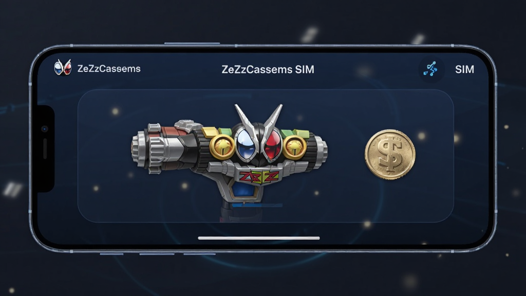 主体为一部现代智能手机横屏展示ZeZzCapsems SIM应用界面,屏幕内显示假面骑士泽兹的彩色驱动器模型与硬币图标,布局居中,界面UI采用深蓝色科技感风格。画面背景为柔和的暗色渐变,带有微光粒子效果,突显未来感。整体排版干净,主视觉聚焦于应用界面,风格为数字绘画,细节丰富,画质高清干净,无多余元素。