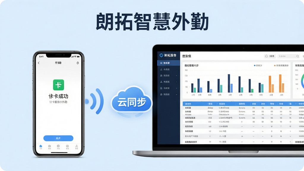 主体:手机与电脑并排展示朗拓智慧外勤的同步界面,手机显示打卡成功,电脑屏幕显示数据报表,中间有“云同步”图标。布局:手机在左、电脑在右,背景为浅蓝色,上方有“朗拓智慧外勤”字样。排版:手机界面简洁,电脑屏幕显示柱状图与表格,整体风格商务科技。细节:手机与电脑之间有无线信号连接示意,电脑屏幕内容清晰,色彩自然。画质:高清渲染,主体突出,干净无多余元素。