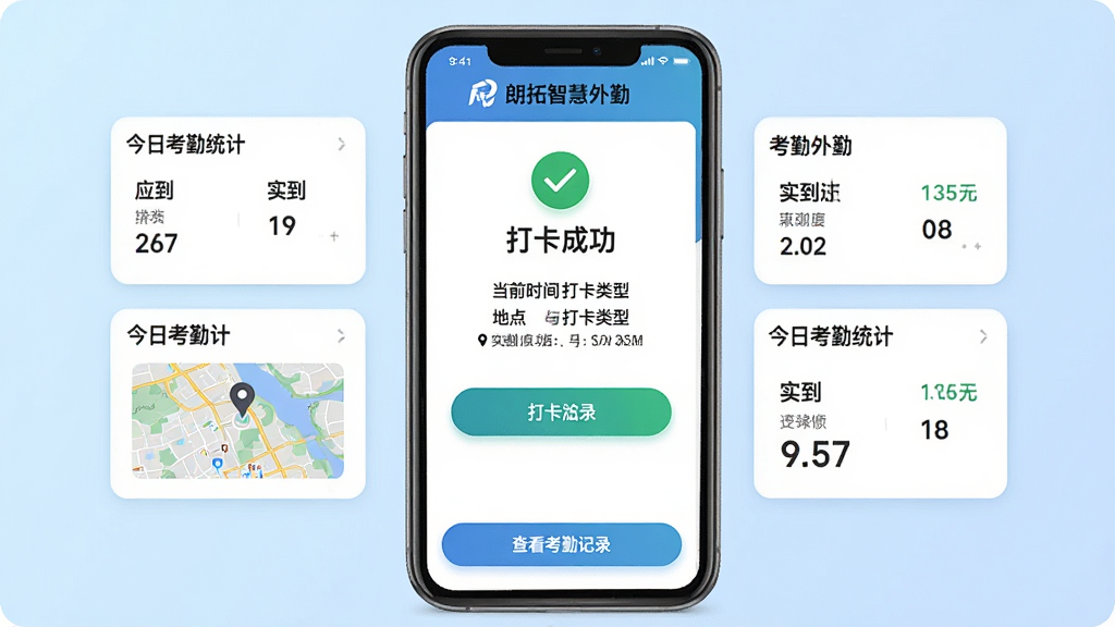主体:手机屏幕显示朗拓智慧外勤的打卡成功页面,上方有“打卡成功”绿色对勾图标,下方显示当前时间、地点与打卡类型。布局:手机居中,背景为浅蓝色渐变,打卡按钮位于屏幕中央,四周有今日考勤统计小卡片。排版:页面顶部为“朗拓智慧外勤”logo,中部为打卡结果展示,底部为“查看考勤记录”按钮,整体风格简洁明快。细节:打卡地点以地图缩略图形式展示,考勤统计包括应到、实到、迟到等数据。画质:清晰明亮,图标精致,干净无多余元素。