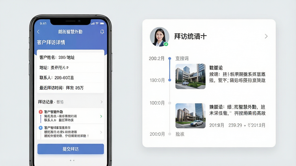 主体:手机屏幕显示朗拓智慧外勤的客户拜访详情页,包含客户姓名、地址、联系人、最近拜访时间及拜访记录列表。布局:手机位于画面左侧,右侧为放大的数据卡片,背景为浅灰色,整体商务风格。排版:页面顶部为“朗拓智慧外勤”与客户名称,中部为信息字段,底部为“提交拜访”按钮,右侧卡片显示拜访统计图表。细节:客户头像为圆形,拜访记录以时间线展示,支持图片与文字混合。画质:高清UI设计,色彩柔和,干净无多余元素。