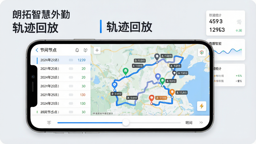 主体:手机屏幕展示朗拓智慧外勤的轨迹回放页面,地图上显示清晰的蓝色路线与多个打卡标记点,底部有时间轴滑动条。布局:手机占据画面中央,背景为淡灰色,上方有“朗拓智慧外勤”字样与“轨迹回放”标题,右侧有数据统计小卡片。排版:界面采用列表与地图结合的方式,左侧为时间节点列表,右侧为地图预览,整体风格科技商务。细节:地图路线以不同颜色区分不同日期,标记点带有时间标签,时间轴可拖动。画质:高清晰度,界面细节完整,色彩自然,干净无多余元素。