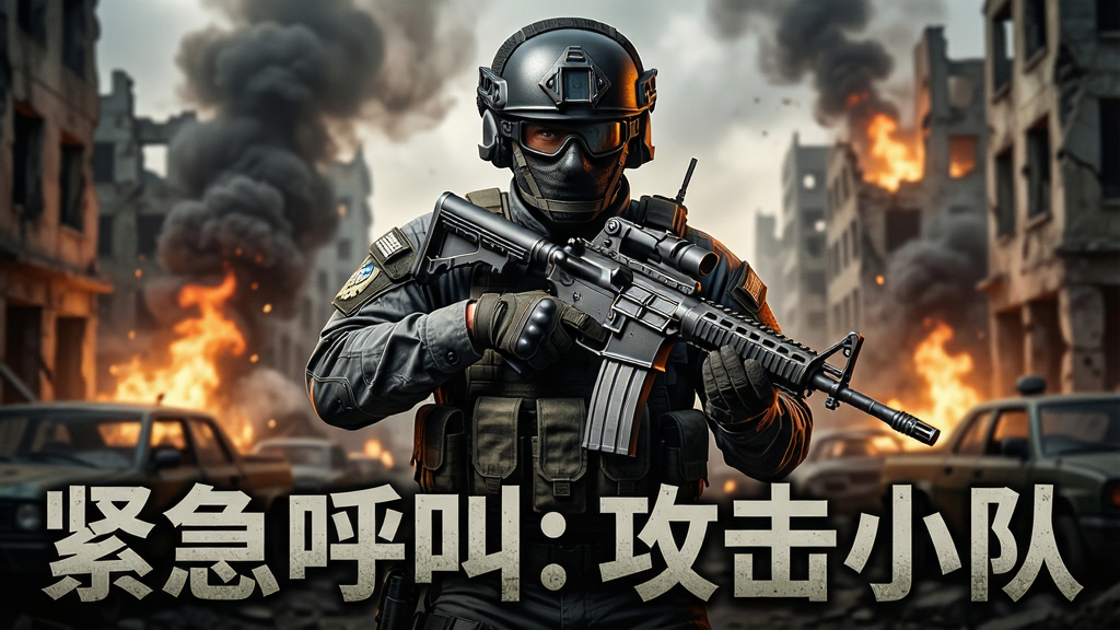 画面中央展示一名全副武装的特警队员手持突击步枪,背景是烟雾弥漫的城市废墟,火光冲天。画面下方显示游戏标题“紧急呼叫: 攻击小队”,字体为粗犷的军事风格。整体采用写实风格,色彩对比强烈,突出现代战争的紧张感。画面干净,无多余元素,细节丰富,画质高清。