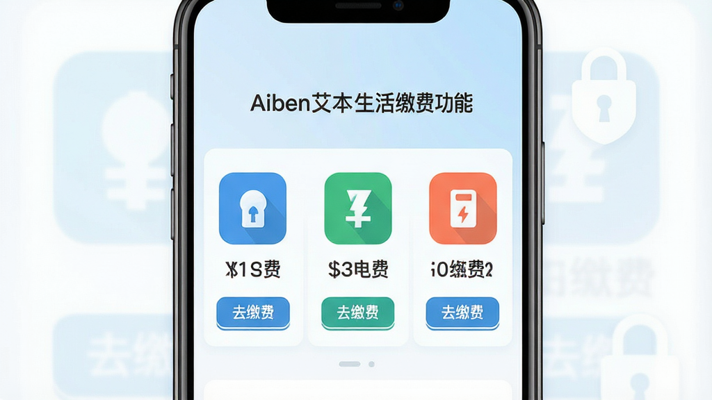 一张展示Aiben艾本生活缴费功能的界面预览图,主体为手机屏幕特写,屏幕中显示水费、电费、燃气费三个彩色图标,每个图标下方有金额数字与“去缴费”按钮,背景为淡蓝色渐变,构图以手机为中心,四周留白,排版扁平化,风格简洁商务,细节突出支付安全锁标识,画质清晰干净