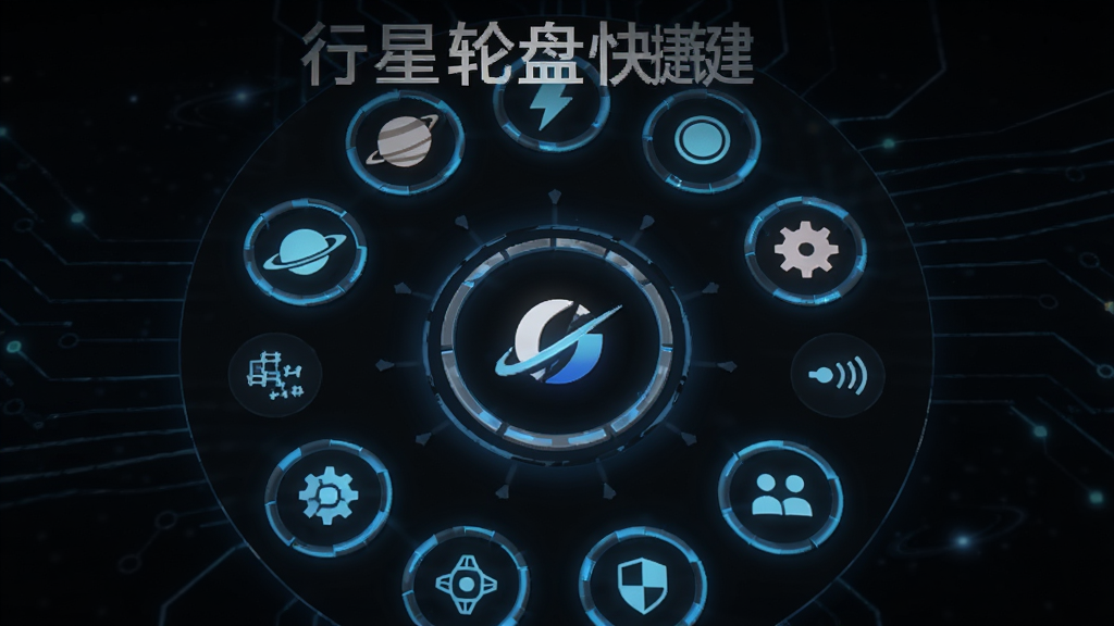 行星轮盘快捷键主界面预览,展示轮盘式快捷键布局,中心为软件logo,周边辐射多个功能图标,背景为深色科技感界面,图标带有发光效果,整体风格简洁现代,画质清晰,无多余元素,文字标注“行星轮盘快捷键”