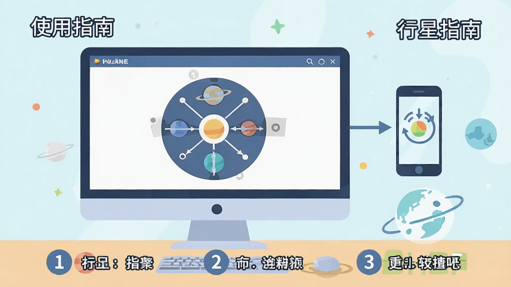 行星轮盘快捷键使用教程示意图,画面展示一个电脑屏幕,屏幕上显示轮盘操作界面,旁边有手机连接图标,下方有步骤序号,整体采用扁平化插画风格,颜色清新,布局清晰,细节完整,文字标注“使用指南”