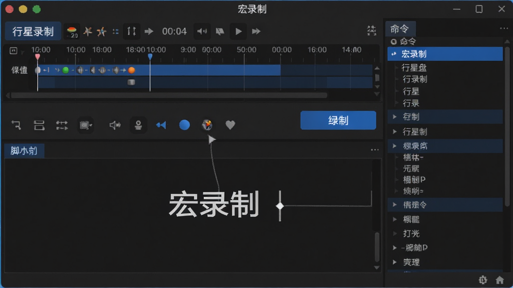 行星轮盘快捷键宏录制功能界面,主窗口显示时间轴和录制按钮,下方为脚本编辑器,右侧有命令列表,整体采用深色主题,搭配蓝色高亮,风格专业,细节清晰,画质细腻,文字标注“宏录制”