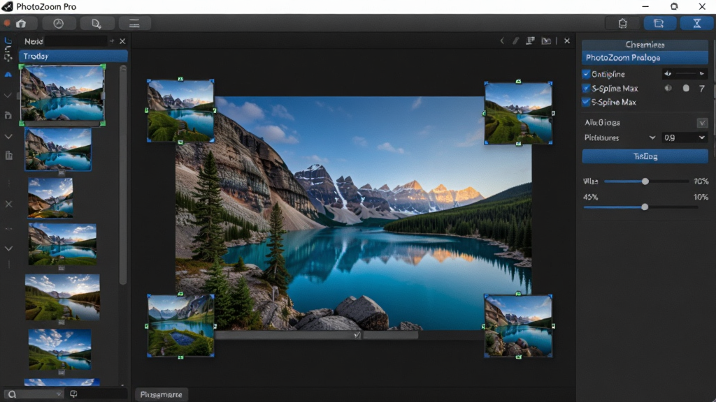 画面主体为 PhotoZoom Pro 软件的独立操作界面,界面中央展示一张高清晰度的风景摄影图片,图片周围有放大区域预览框。布局采用左右分栏,左侧为图片列表与导航,右侧为参数调节面板。整体风格简洁现代,色彩以深灰色与蓝色高亮按钮为主,图片预览区域光线明亮。细节上,界面中可看到“S-Spline Max”算法选项与百分比缩放滑块。画质细腻,干净,无多余元素。