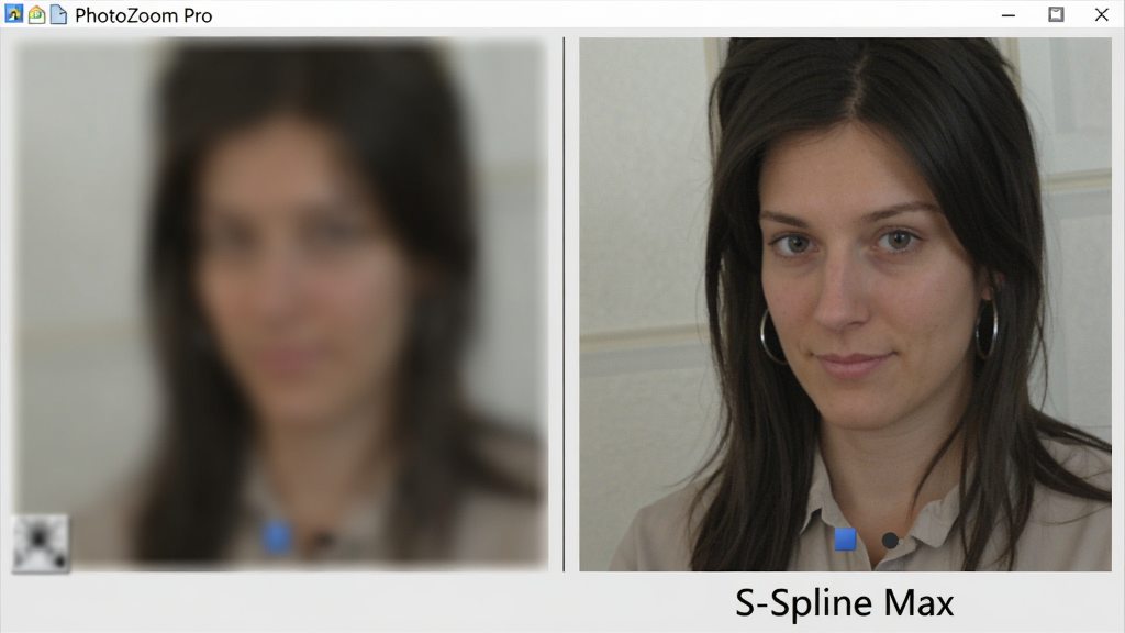 主体为 PhotoZoom Pro 软件中 S-Spline Max 算法的对比演示截图,左侧是普通放大算法的模糊效果,右侧是 PhotoZoom Pro 的清晰效果。布局采用左右对比形式,中间用一条竖直分隔线隔开。风格为技术评测风格,背景为浅灰色。细节上,右侧图片边缘锐利,细节丰富,图片下方标注“S-Spline Max”字样。画质高,干净,无多余元素。