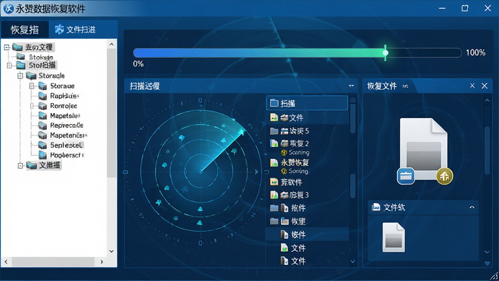 主体:永赞数据恢复软件深度扫描过程界面,屏幕上显示磁盘扇区扫描动画和已找到文件列表。布局:界面左侧为存储设备树状图,右侧为扫描进度条和文件预览窗口。排版:进度条从0%到100%动态展示,文件列表按类型分类。风格:科技蓝主色调,专业工具感。细节:屏幕上有类似雷达的扫描波纹效果,文件图标带有恢复状态标记。画质:高清,干净,无多余元素。