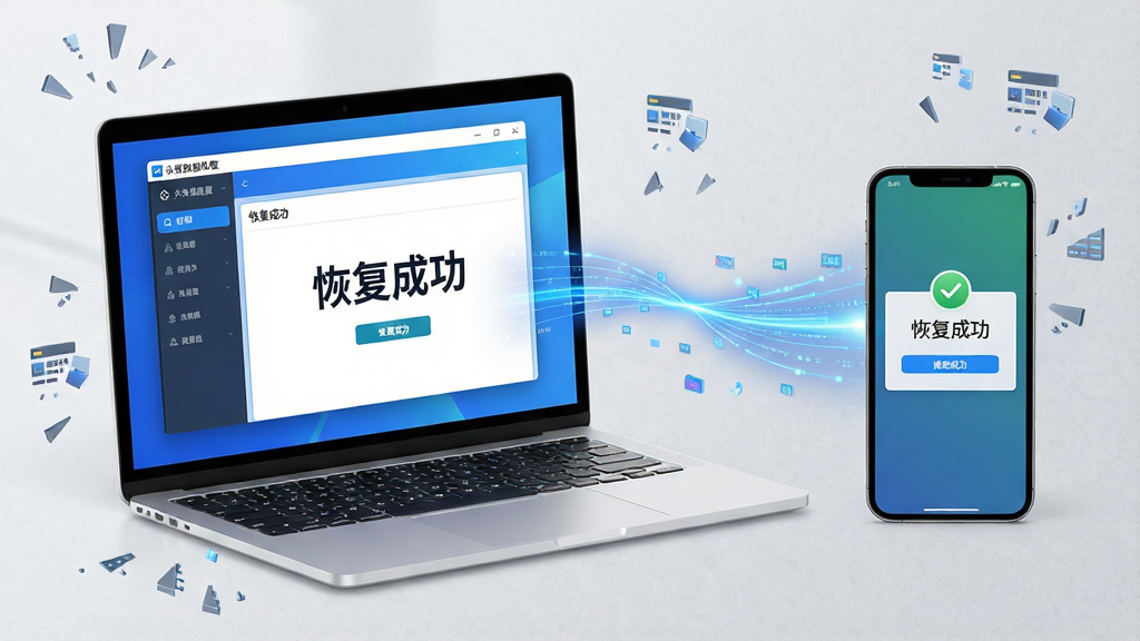 主体:一台笔记本电脑和一台手机并排放置,屏幕上显示永赞数据恢复软件界面和恢复成功提示。布局:电脑在左,手机在右,中间有数据流动的蓝色光线连接。排版:界面简洁,重点突出“恢复成功”字样。风格:明亮清晰,科技感。细节:背景为浅灰色纹理,带有数据碎片图标。画质:高清渲染,干净,无多余元素。