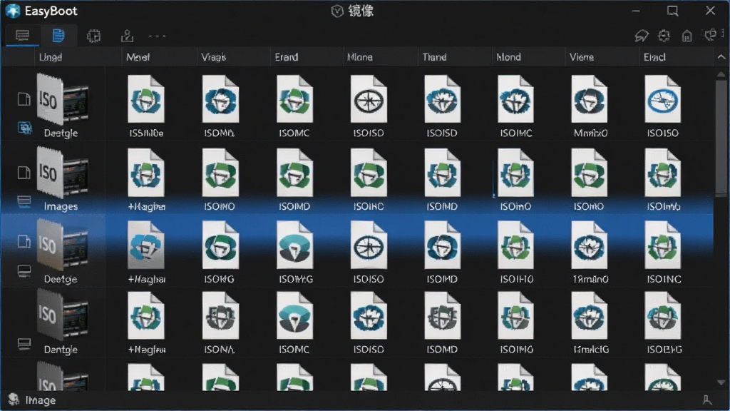 EasyBoot启动易多镜像整合功能演示图,主体为软件中的镜像列表窗口,布局以表格形式展示多个ISO文件,排版紧凑,深色背景高亮当前选中项,细节显示不同系统图标,画质精致干净,无多余元素