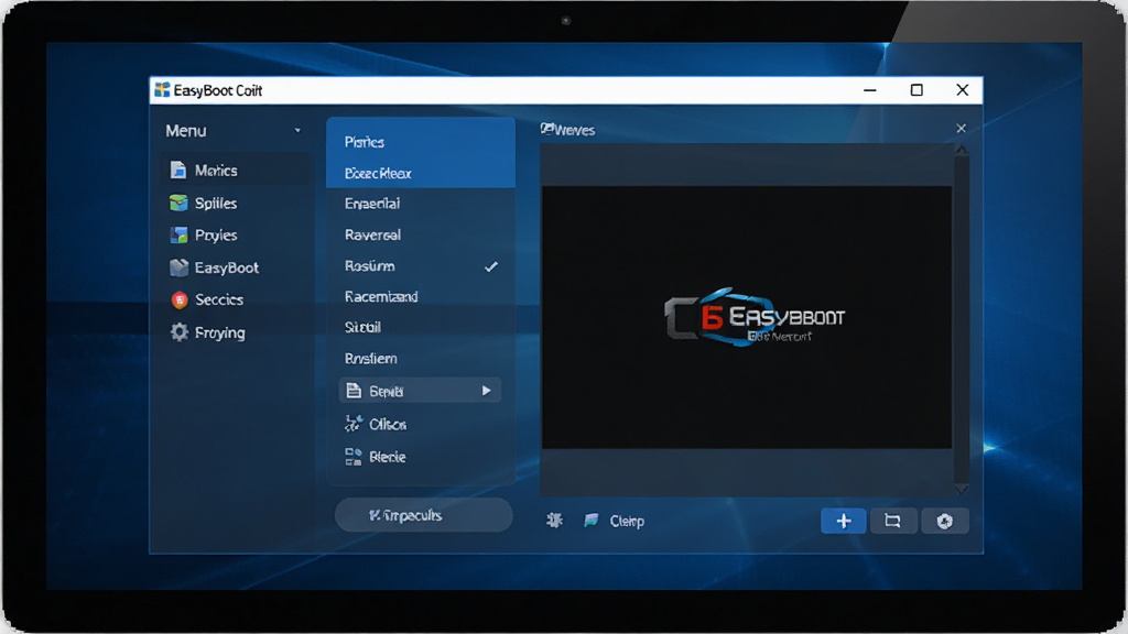 EasyBoot启动易软件界面预览图,主体为电脑屏幕显示软件主界面的启动菜单编辑窗口,布局清晰,左侧功能列表右侧预览区域,排版简洁,科技蓝风格界面,细节包括菜单项和工具按钮,画质高清干净,无多余元素