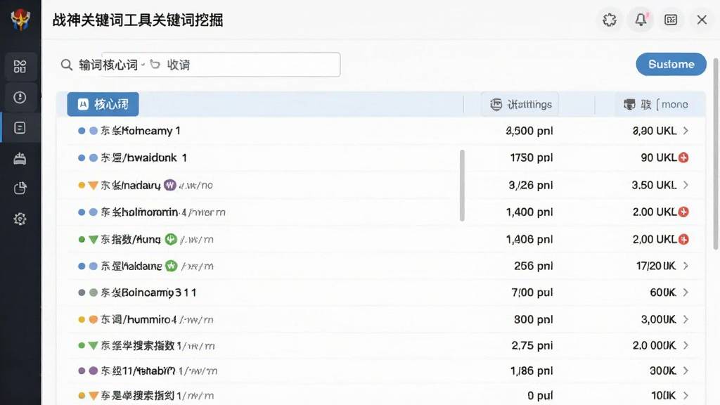 战神关键词工具关键词挖掘界面,输入核心词后,列表展示大量长尾词,每行包含搜索指数与收录量,界面简洁明亮,字体清晰,画质高清