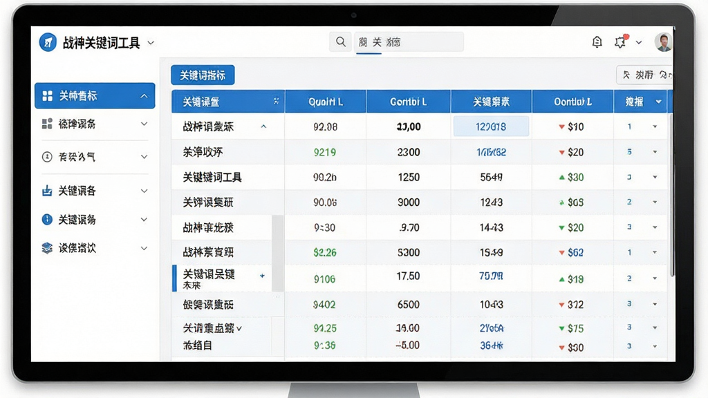 战神关键词工具主界面展示,左侧功能栏清晰可见,右侧数据表格呈现关键词指标,整体风格专业大气,布局规整,色彩以蓝白为主,画质清晰干净,无多余元素