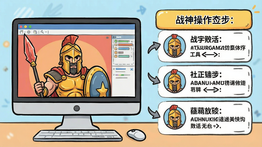 战神关键词工具使用教程插图,电脑屏幕显示软件界面,旁边有操作步骤说明,风格简洁,卡通化教学风格,画质清晰,干净无杂物