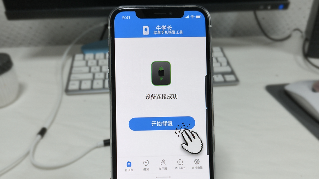 牛学长苹果手机修复工具一键修复操作界面,屏幕中显示设备连接成功,鼠标点击“开始修复”按钮,界面简洁,功能按钮清晰可见,蓝色主题色调,画质清晰,无杂乱元素