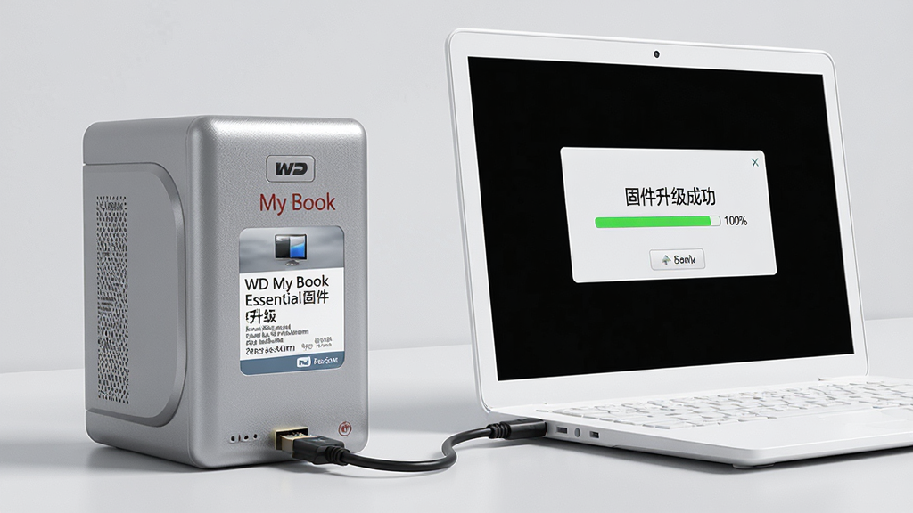 主体:一台银灰色的“WD My Book Essential”桌面外置硬盘连接着白色笔记本电脑,屏幕上显示出“固件升级成功”的绿色提示框。布局:硬盘位于画面左侧三分之二处,电脑屏幕朝向读者,整体构图平衡。排版:画面干净,背景为浅灰色工作室环境,产品标签清晰可见“WD My Book Essential固件升级”。风格:现代科技感,写实3D渲染风格。细节:硬盘表面纹理细腻,数据线连接稳固,屏幕上的进度条达到100%。画质:8K超清,光线柔和,细节丰富,干净,无多余元素。
