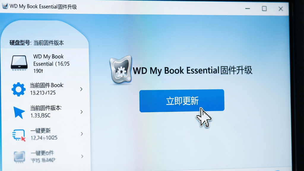 主体:电脑屏幕特写,显示“WD My Book Essential固件升级”软件的简洁主界面,中央是一个醒目的蓝色“立即更新”按钮。布局:界面居中,背景为柔和的渐变蓝白商务风格。排版:左侧有硬盘型号和当前固件版本信息列表。风格:扁平化UI设计,图标线条流畅。细节:按钮上文字“一键更新”清晰,鼠标光标悬停在按钮上方。画质:高清晰度,界面元素锐利,色彩明快,干净,无多余元素。