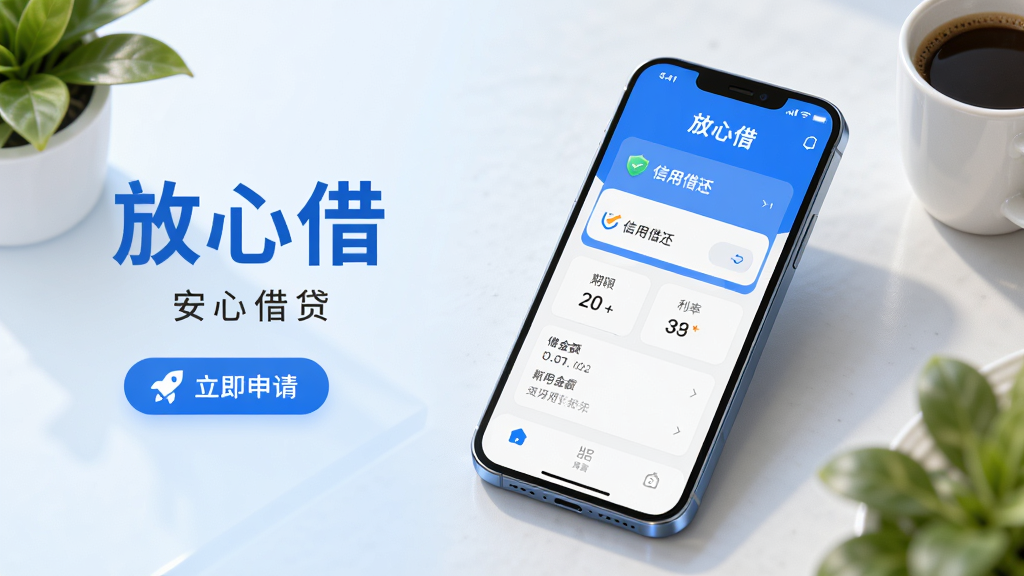 主体:一部智能手机屏幕显示“放心借”应用界面,界面设计简洁现代,背景为浅蓝色渐变,主色调为蓝色和白色,手机斜放在桌面上,周围有绿色植物和咖啡杯作为点缀。布局:手机位于画面中央偏右,左侧留白放置“放心借”三个字及“安心借贷”口号,文字下方有“立即申请”按钮图标。排版:清晰展示应用主界面,包括借款金额、期限选择、利率展示等模块。风格:写实与3D渲染结合,光影柔和,色彩明亮,干净无多余元素,画质高清。细节:应用界面上显示“放心借”字样,并展示“信用借还”功能模块,整体传递安全、可靠、便捷的感觉。画质:4K,干净,无多余元素。