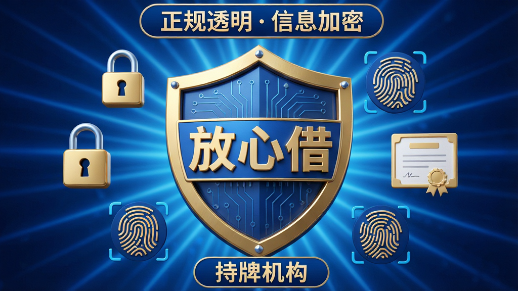 主体:一个盾牌图标中间有“放心借”字样,周围环绕着加密锁、指纹和证书图标。布局:盾牌位于画面中央,背景为放射状蓝色光线,象征保护与安全。排版:盾牌上方有“正规透明信息加密”标语,下方有“持牌机构”字样。风格:3D渲染风格,金属质感,蓝色与金色搭配,体现权威与信赖。细节:盾牌表面有细微的电路纹理,锁和指纹图标清晰可辨,整体传递安全可靠的感觉。画质:高清,干净,无多余元素。