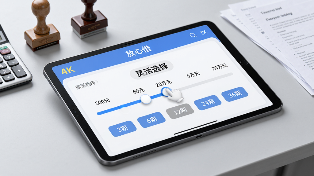 主体:一个展示“放心借”应用的平板电脑,屏幕上显示额度选择滑杆和期限选项。布局:平板电脑位于画面中央,屏幕朝上呈45度角,背景为浅灰色办公桌,旁边有计算器、印章和文件。排版:屏幕界面清晰展示从500元到20万元的额度滑动条,以及3期、6期、12期、24期、36期的期限按钮。风格:写实风格,光线充足,色彩柔和,突出功能展示。细节:滑杆上有一个小手正在拖动,屏幕上显示“灵活选择”字样,整体氛围专业、可信。画质:4K,干净,无多余元素。