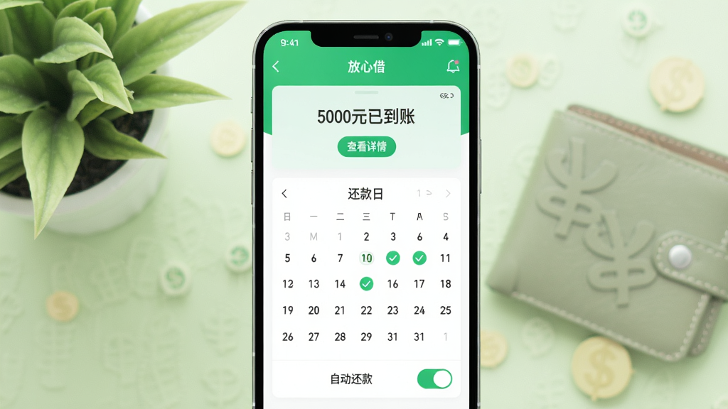 主体:手机屏幕显示“放心借”应用,正在展示“已到账”通知和还款日历。布局:手机位于画面中央,背景为浅绿色植物和钱包,象征资金到账和财富管理。排版:屏幕上方有“5000元已到账”的横幅通知,下方是还款日历,日期上有绿色对勾标记。风格:清新简约风格,色彩明快,以绿色、白色为主,传达高效、无忧的体验。细节:通知横幅有“查看详情”按钮,日历下方有“自动还款”开关。画质:4K,干净,无多余元素。