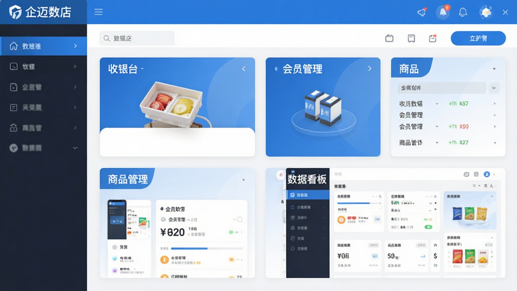 一张展示企迈数店软件主界面的截图,界面包含收银台、会员管理、商品管理、数据看板等功能模块卡片,整体布局清晰,采用蓝色与白色为主色调,现代扁平化设计风格,界面干净整洁,无多余元素,高分辨率,画质细腻,软件名称“企迈数店”展示在界面顶部。