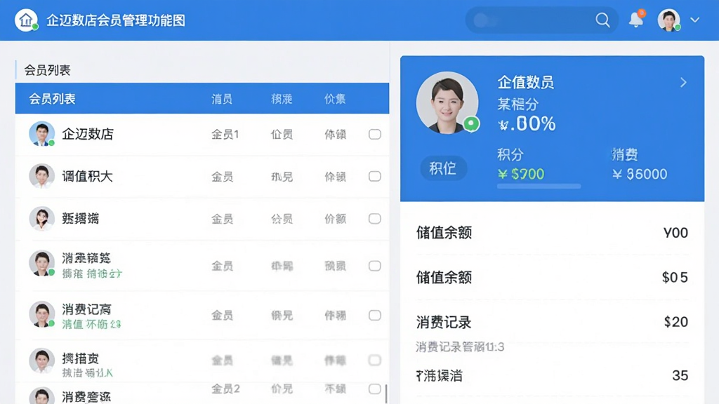 一张企迈数店会员管理功能示意图,画面左侧为会员列表,右侧展示某位会员的详情页,包含积分、储值余额、消费记录等字段,界面为蓝白配色,扁平化UI风格,排版整齐,画质干净,无多余元素。