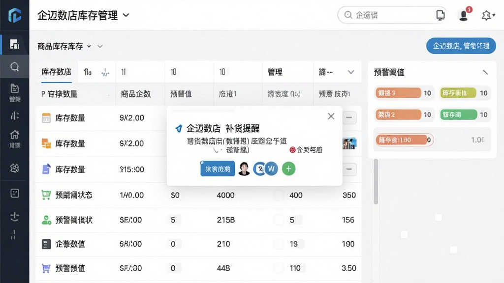 一张企迈数店库存管理界面截图,界面展示商品库存列表、库存数量、预警阈值状态,并配有补货提醒弹窗,整体为浅色背景,数据清晰易读,高分辨率,画质干净,无多余元素。