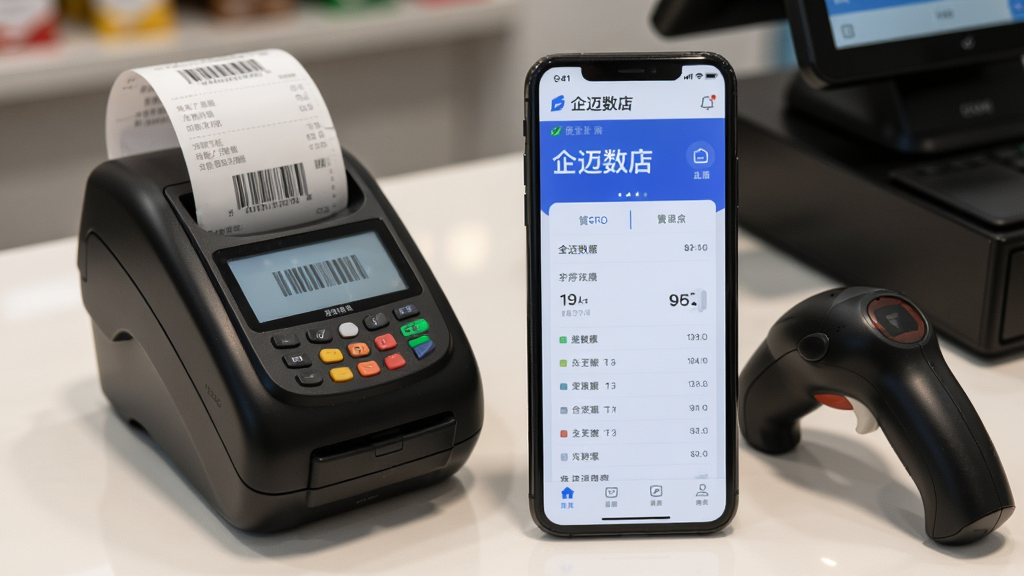 一张企迈数店在手机上运行的实拍图,手机屏幕显示应用主界面,旁边放有POS小票打印机和扫码枪,背景为店铺收银台,画面清晰真实,构图美观,高分辨率,画质干净,无多余元素。