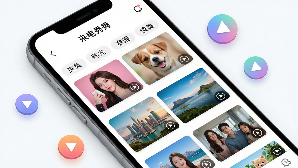主体:手机屏幕展示“来电秀秀”资源库页面,网格布局中呈现多个视频封面缩略图,包含明星、萌宠、风景等分类。布局:手机斜放,屏幕内容为主,周围散落几个悬浮的播放按钮图标。排版:界面清爽,分类标签横向排列,封面图大小一致。风格:明亮简洁的UI设计风格,色彩丰富且和谐。细节:每个封面右下角有播放小图标,屏幕顶部显示“来电秀秀”字样。画质:高清渲染,画面干净整洁,无多余元素。
