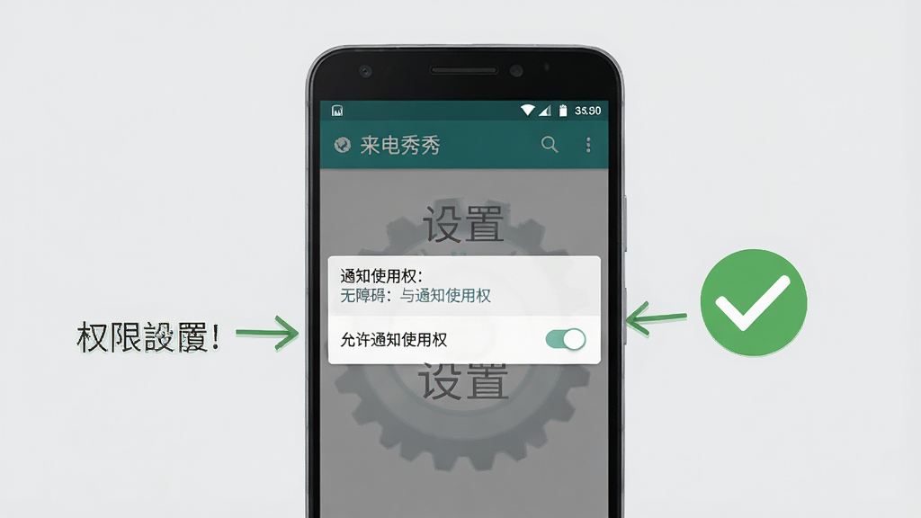 主体:一部Android手机屏幕显示“来电秀秀”的权限设置界面,旁边有对勾图标。布局:手机居中,屏幕内容显示无障碍与通知使用权选项,背景为浅灰色。排版:步骤箭头指向关键设置项,清晰易懂。风格:教学示意图风格,简洁明了。细节:手机屏幕上有“允许通知使用权”开关,背景有“设置”字样。画质:高清干净,无多余元素。
