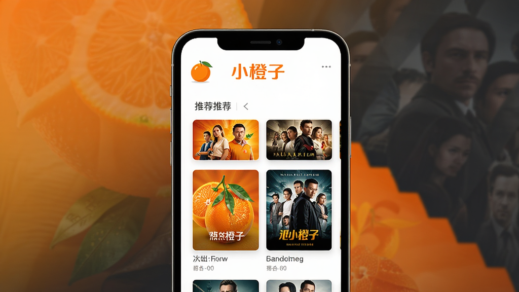 小橙子应用主界面展示,手机屏幕占据画面中央,背景为渐变的橙色与深灰交织,界面中显示“小橙子”LOGO和推荐影视海报墙,布局简洁明快,风格现代扁平化,细节清晰,画质干净,无多余元素