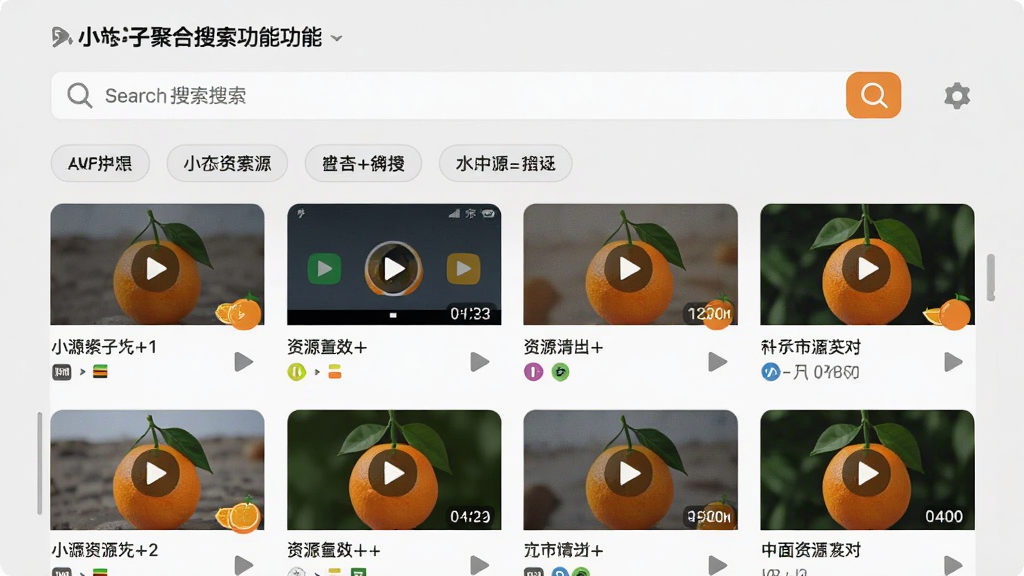 小橙子聚合搜索功能界面,屏幕显示搜索框和多个视频源标签,结果列表展示不同清晰度选项,背景为浅灰色,界面干净整洁,风格扁平化,细节包括播放按钮和资源标识,画质清晰,无多余元素