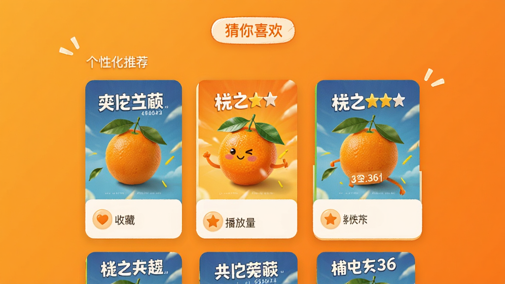 小橙子推荐页面,展示个性化推荐卡片,每个卡片有海报和评分,顶部有“猜你喜欢”标签,背景为暖橙色渐变,风格活泼,布局网格状,细节包括收藏按钮和播放量,画质干净,无多余元素