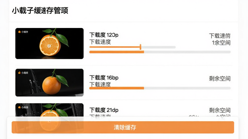 小橙子缓存管理页面,显示已下载影片列表,每个条目有封面和进度条,底部有“清除缓存”按钮,背景为白色,布局列表式,风格清爽,细节包括下载速度和剩余空间,画质干净,无多余元素