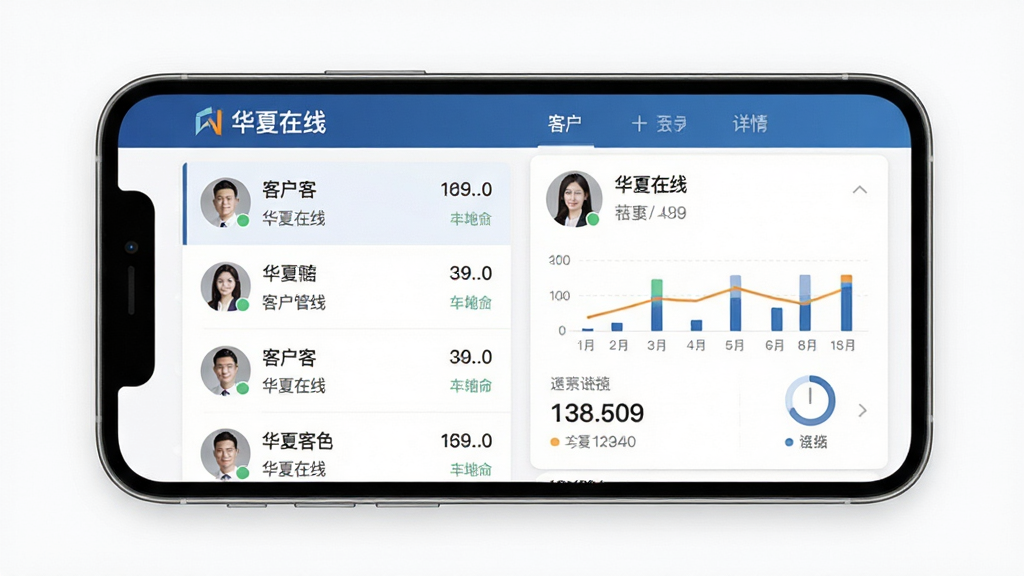 展示华夏在线App客户管理界面。主体是一张平视的手机界面截图,界面中显示客户列表与详情卡片。布局为左右结构,左侧为列表,右侧为详情。排版信息层级分明,风格清爽商务。细节包含客户头像与数据图表,界面顶部有“华夏在线”字样。画质精细,背景干净无多余元素。