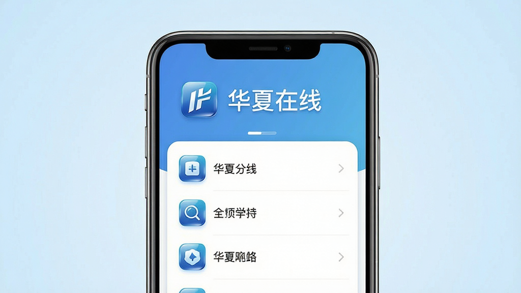 一张华夏在线App在高端智能手机上运行的屏幕截图,界面清晰展示功能列表。布局为手机居中特写,背景采用干净的浅蓝色渐变。排版突出App界面,风格商业科技感。细节包含图标光泽与文字“华夏在线”清晰可见。画质高清干净,无多余元素。