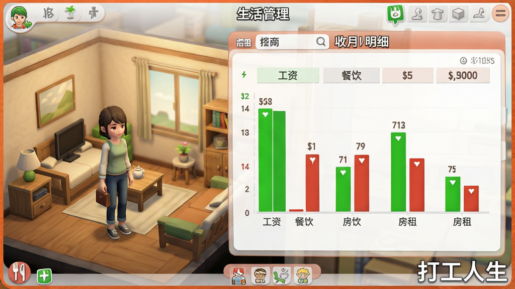 展示游戏内“生活管理”界面,左侧为角色居住的单间公寓,家具简约整洁,画面中央是当月收支明细表,用柱状图展示“工资”、“餐饮”、“房租”等分类,颜色分别为绿色和红色。界面右下角有“打工人生”水印,整体风格温馨写实,光线柔和,布局合理,画质清晰,干净无多余元素。